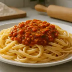 Pyszny sos do makaronu na talerzu, obok wałek i sterta mąki.