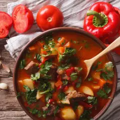 Aksamitna zupa gulaszowa przepis babci, pełna mięsa, ziemniaków i papryki, pachnie domem.
