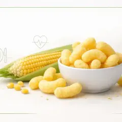 Chrupki kukurydziane w miseczce obok kolby kukurydzy. Zdrowa przekąska z kukurydzy.