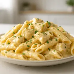 Penne z kurczakiem w kremowym sosie śmietanowo-serowym, posypane natką pietruszki. Pyszne danie, które zachwyci każdego.