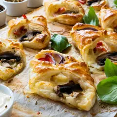 Chrupiące przekąski z ciasta francuskiego z serem i szynką, pieczone do złocistego koloru, podane z listkami bazylii.