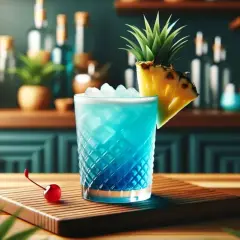 Orzeźwiający drink Blue Hawaii z lodem, plasterkiem ananasa i wisienką, gotowy do podania.