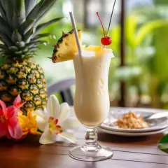Dwa orzeźwiające drinki pina colada z ananasem i wiśnią, otoczone świeżymi ananasami i tropikalnymi kwiatami.