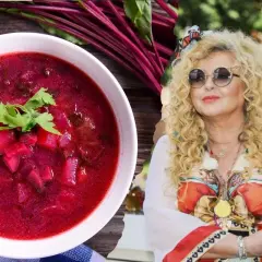 Pyszny barszcz z botwiny gesslerowej, z kawałkami buraków i zieloną natką, obok Magdy Gessler w okularach.