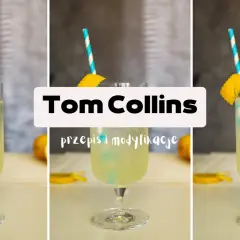 Orzeźwiający drink Tom Collins z plasterkiem cytryny i niebieską słomką, idealny na letnie popołudnie.