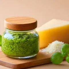 Słoik z domowym makaronem z pesto, obok kawałek parmezanu i świeża bazylia. Idealne składniki na pyszny obiad.