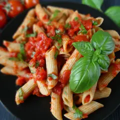 Penne z pomidorami i świeżą bazylią, polane aromatycznym **sosem bazyliowym do makaronu**. Obok gałązka pomidorków koktajlowych.
