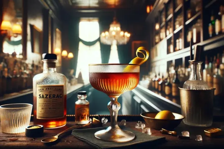 Elegancki Sazerac w kieliszku, obok butelka Sazerac Rye Whiskey i dodatki. Klimatyczny bar w tle.