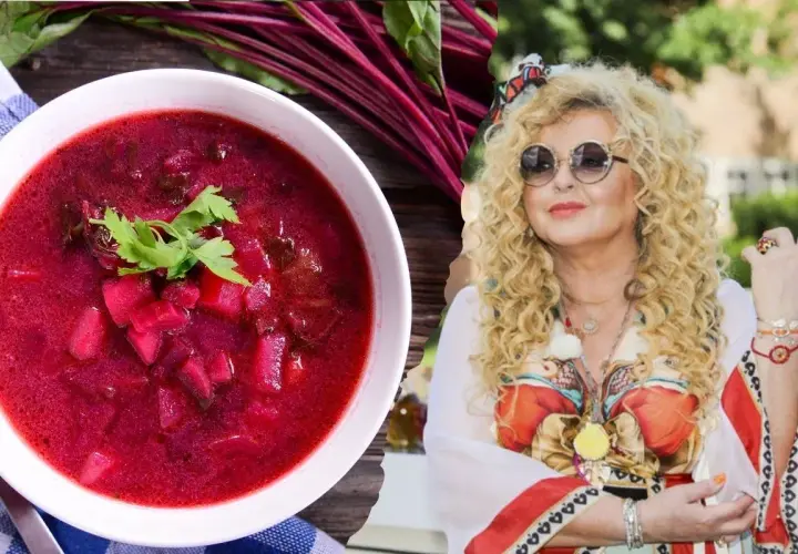 Pyszny barszcz z botwiny gesslerowej, z kawałkami buraków i zieloną natką, obok Magdy Gessler w okularach.