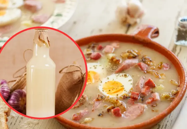 Prosty przepis na żurek z butelki: zakwas w butelce, czosnek, kiełbasa, jajka i ziemniaki w misce.