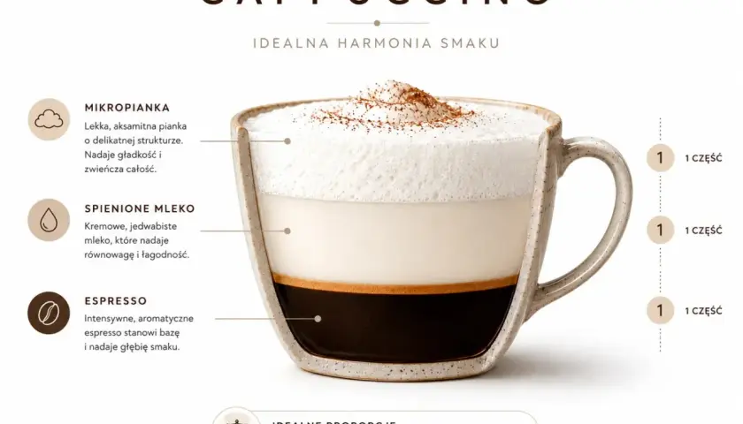 Kawa z mlekiem, cappuccino w przekroju, pokazujące warstwy: espresso, spienione mleko i mikropiankę. Idealne proporcje 1:1:1.