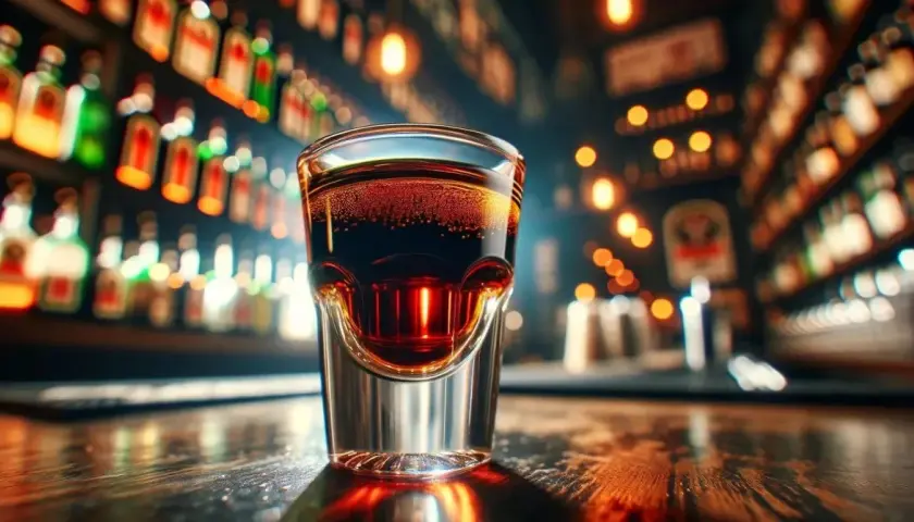 Mroczny, kuszący kieliszek z drinkiem z jagerem, lśniącymi bąbelkami, na tle rozmytych butelek i świateł baru.