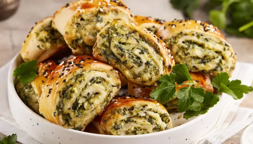 Pyszne przekąski z ciasta do pizzy ze szpinakiem i serem, posypane sezamem. Idealne na imprezę!