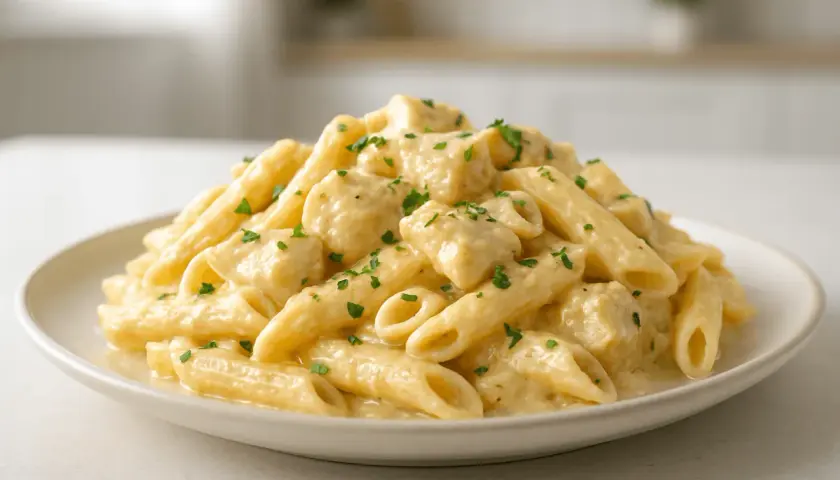 Penne z kurczakiem w kremowym sosie śmietanowo-serowym, posypane natką pietruszki. Pyszne danie, które zachwyci każdego.