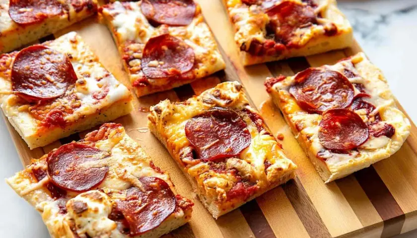 Kawałki pizzy pepperoni na desce. Dowiedz się, jak podgrzać pizzę na patelni, by była idealnie chrupiąca.