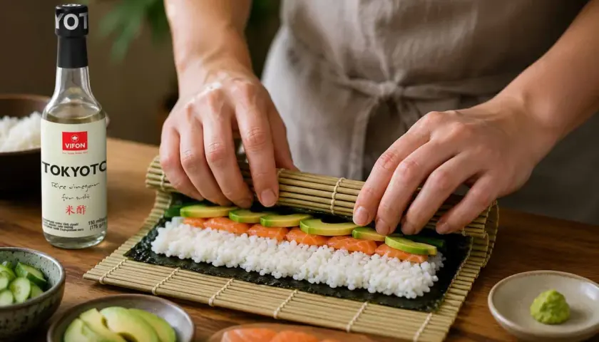 Ręce zwijają nori z ryżem, łososiem i awokado. Obok butelka octu ryżowego do sushi.
