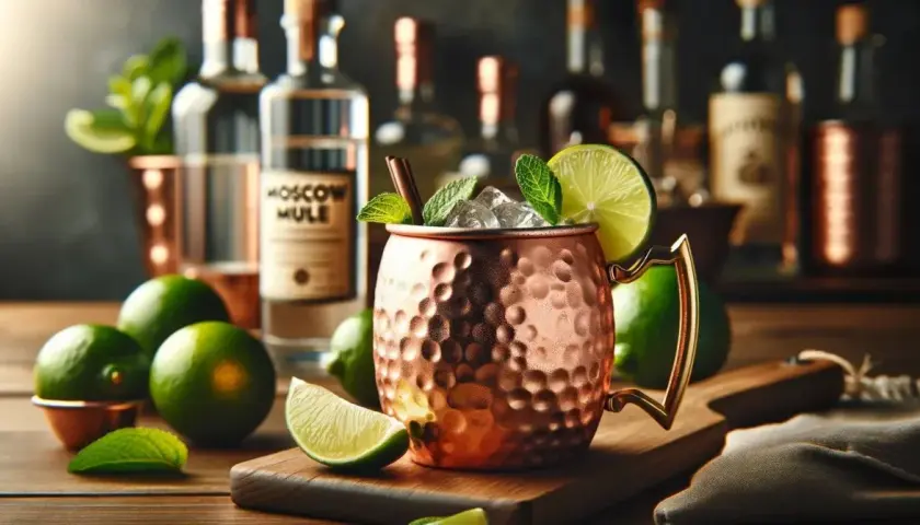 Orzeźwiający Moscow Mule w miedzianym kubku, ozdobiony limonką i miętą, na tle butelek z alkoholem.