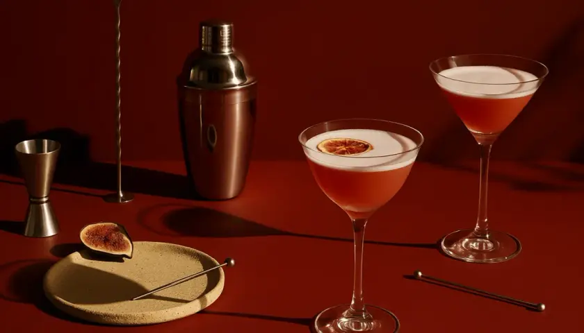 Elegancki drink z brandy, ozdobiony plasterkiem suszonej pomarańczy, obok shakera i figi.