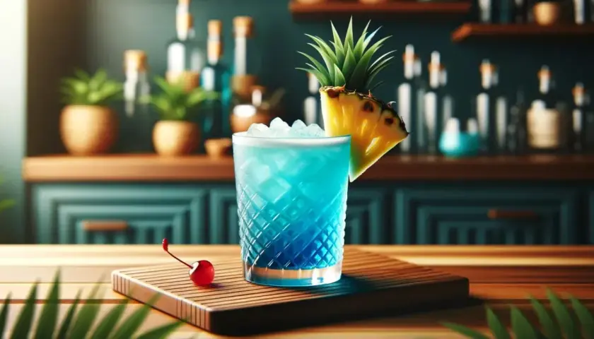 Orzeźwiający drink Blue Hawaii z lodem, plasterkiem ananasa i wisienką, gotowy do podania.