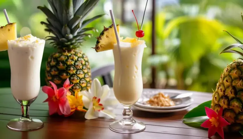 Dwa orzeźwiające drinki pina colada z ananasem i wiśnią, otoczone świeżymi ananasami i tropikalnymi kwiatami.