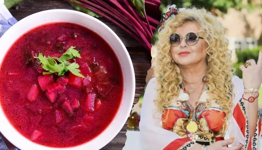 Pyszny barszcz z botwiny gesslerowej, z kawałkami buraków i zieloną natką, obok Magdy Gessler w okularach.
