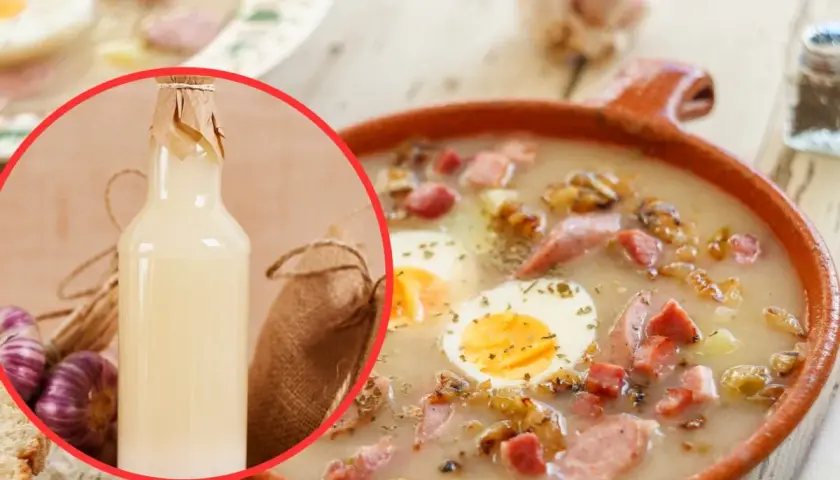 Prosty przepis na żurek z butelki: zakwas w butelce, czosnek, kiełbasa, jajka i ziemniaki w misce.
