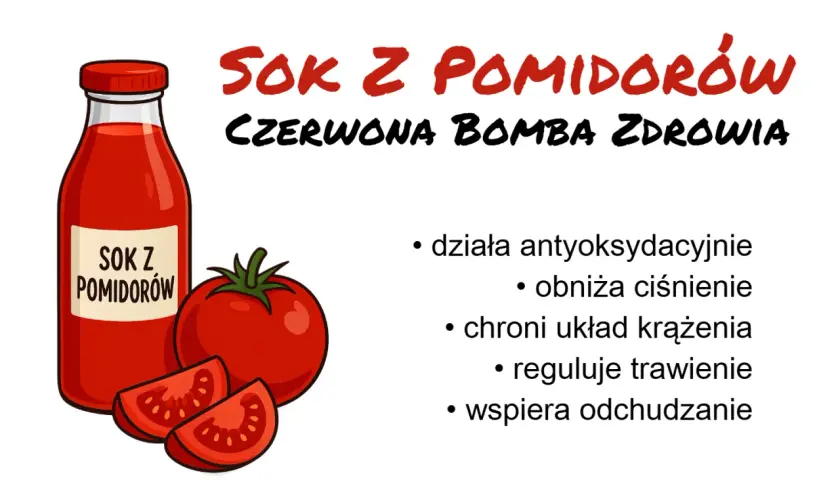 Sok z pomidorów to czerwona bomba zdrowia. Działa antyoksydacyjnie, obniża ciśnienie, chroni układ krążenia, reguluje trawienie i wspiera odchudzanie.