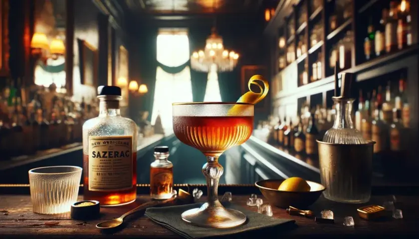 Elegancki Sazerac w kieliszku, obok butelka Sazerac Rye Whiskey i dodatki. Klimatyczny bar w tle.