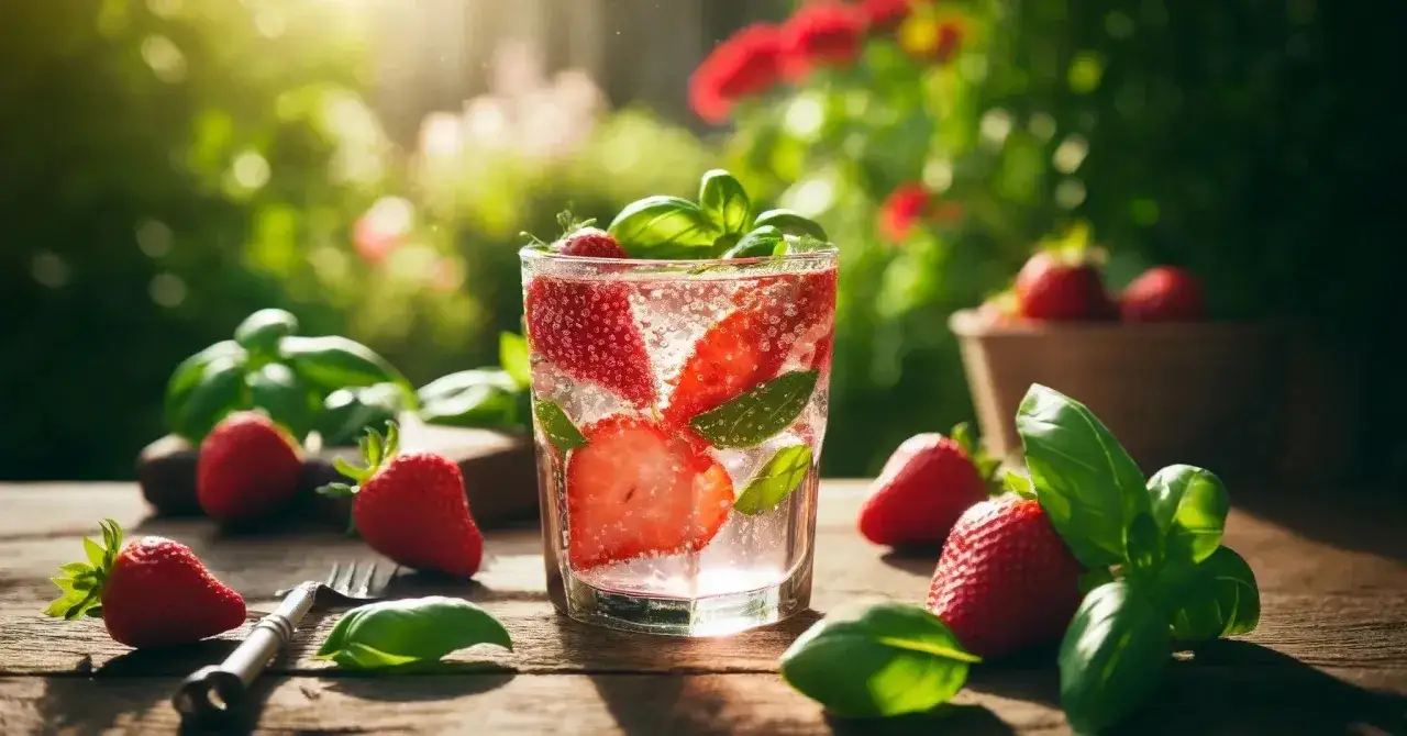 Orzeźwiający drink z truskawkami i listkami bazylii, otoczony świeżymi owocami i zielenią. Idealny na letnie popołudnie.