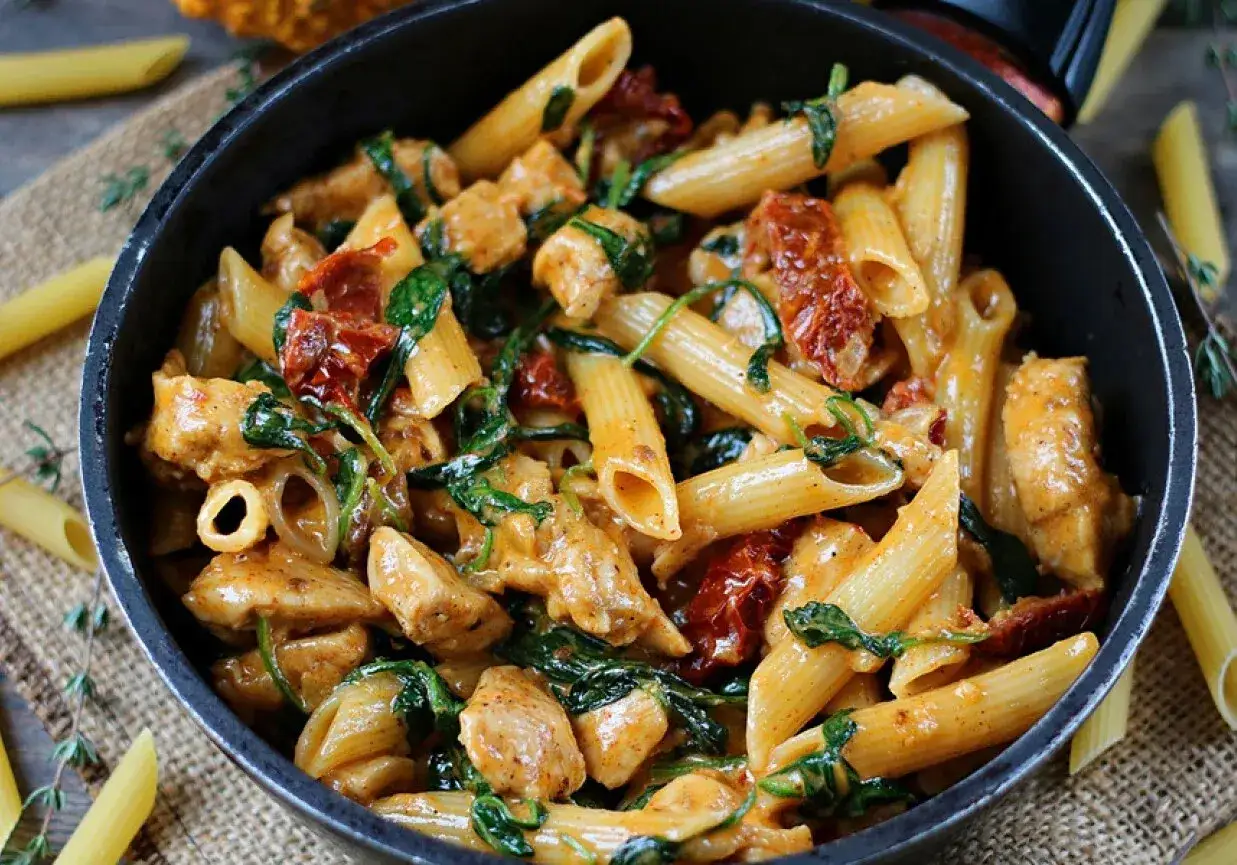 Penne z kurczakiem, szpinakiem i suszonymi pomidorami w kremowym sosie. Pyszne danie, które zachwyci każdego.